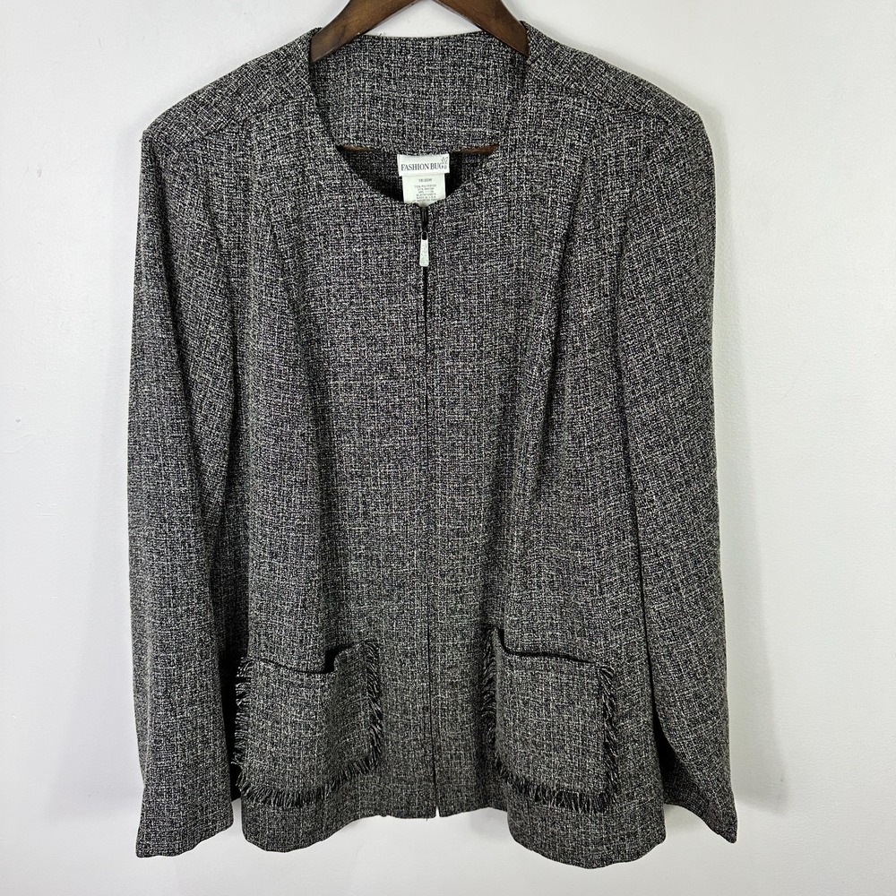 Fashion Bug 18/20W Tweed Fringe Jacket Black Quiet Luxury Office‎ Old Money 90s